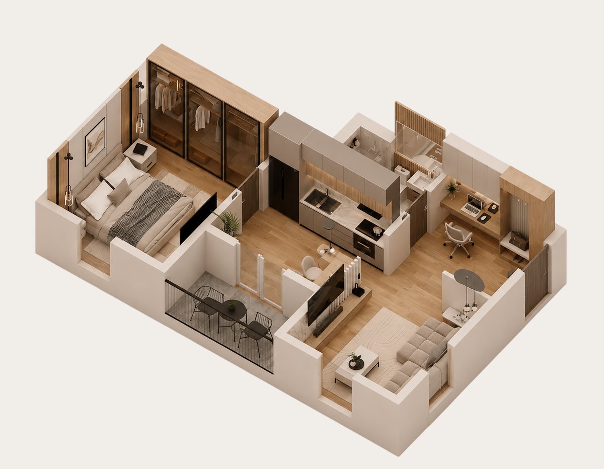 3D-Grundriss des Appartements Duett, 53,66 m².