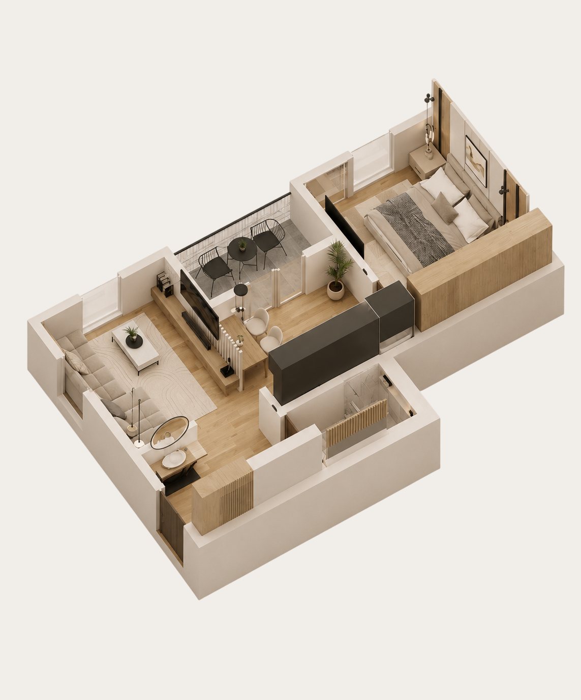 3D-Grundriss des Appartements Elysium, 48,36 m².