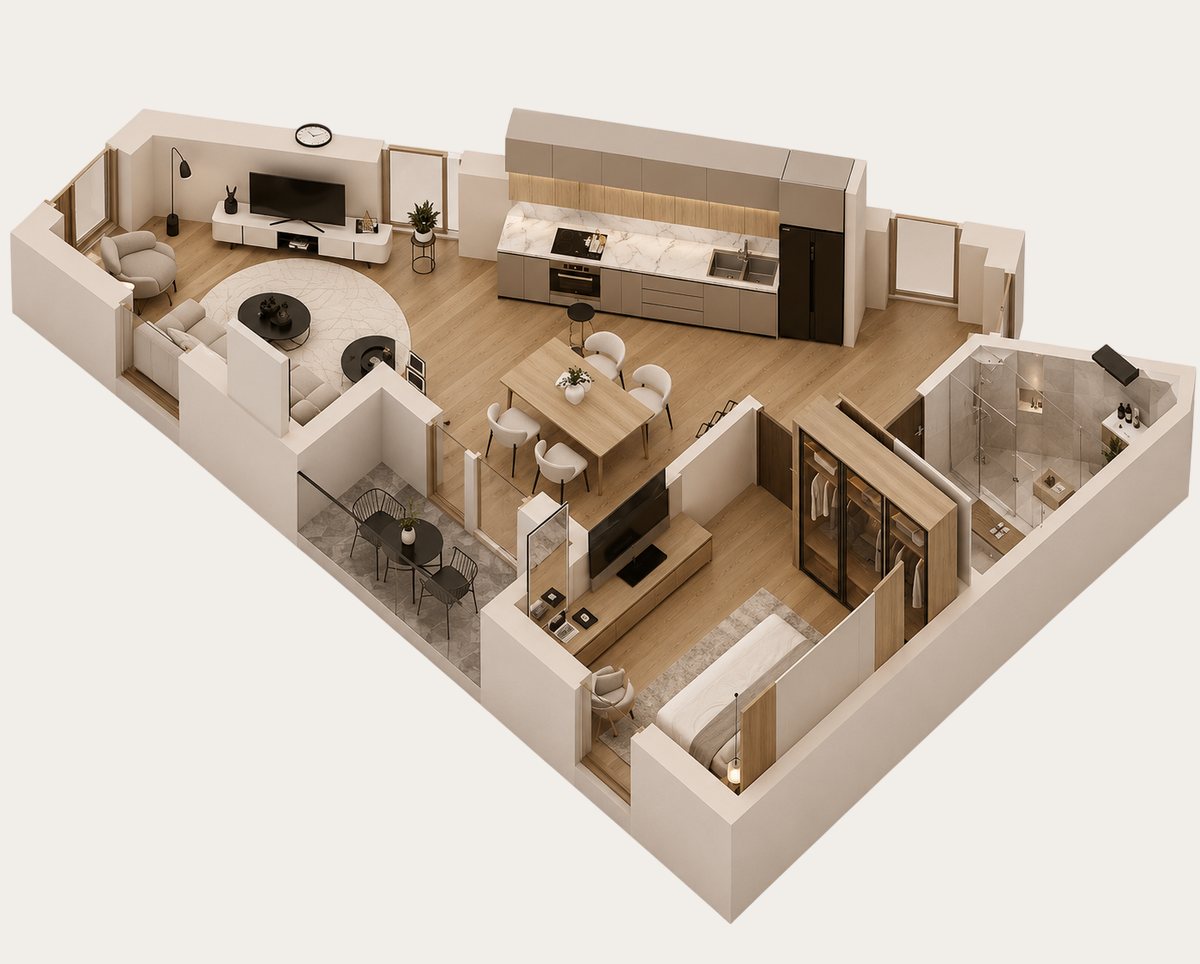 3D-Grundriss des Appartements Klangraum, 58,63 m².