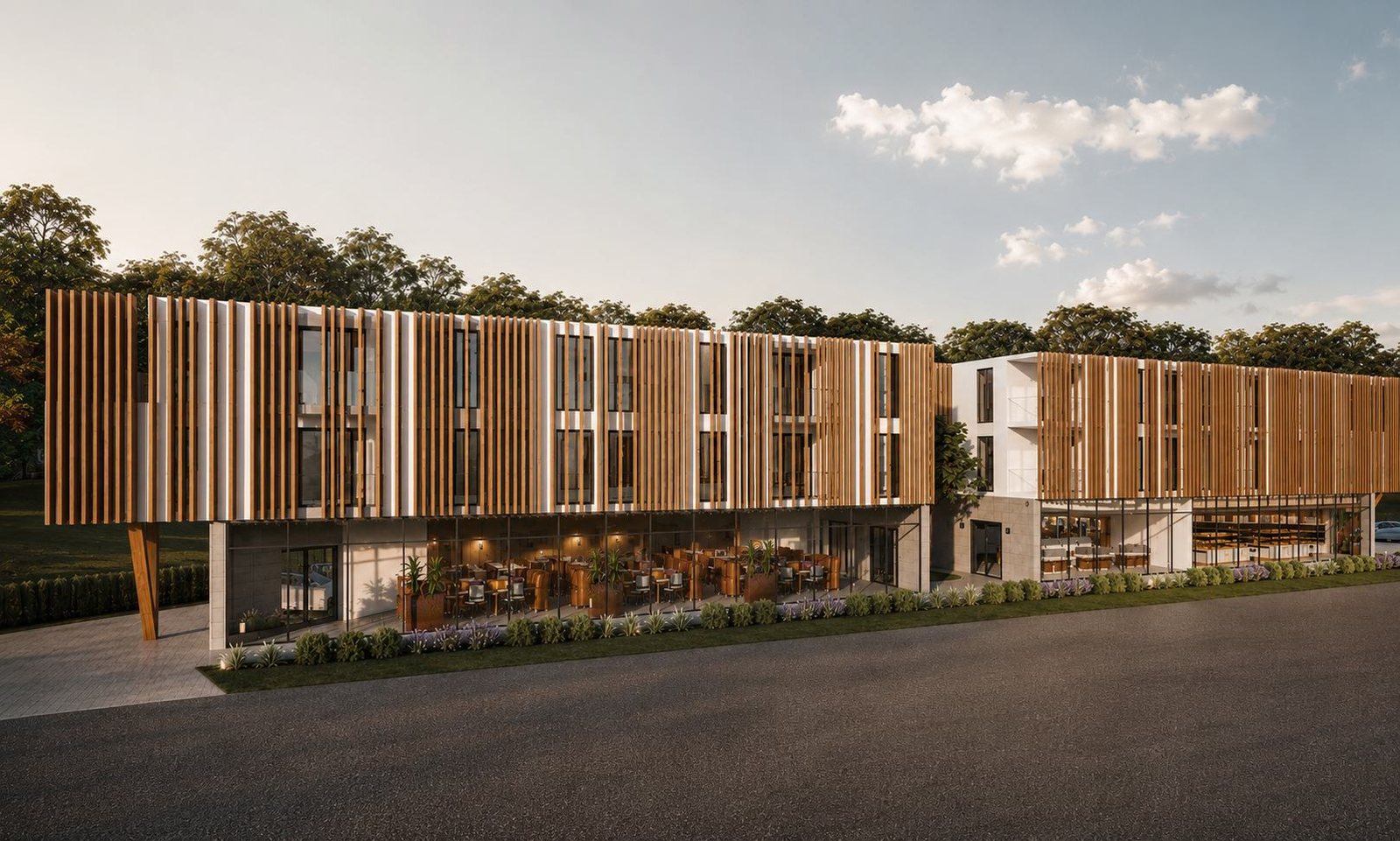 Visualisierung der Witzighausen Residenz — modernes Neubau-Ensemble mit vertikaler Holzlattung und Café im Erdgeschoss in der Abendsonne.