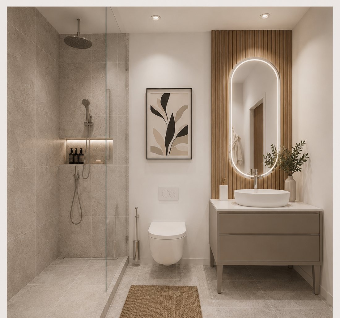 Badezimmer mit bodengleicher Dusche.