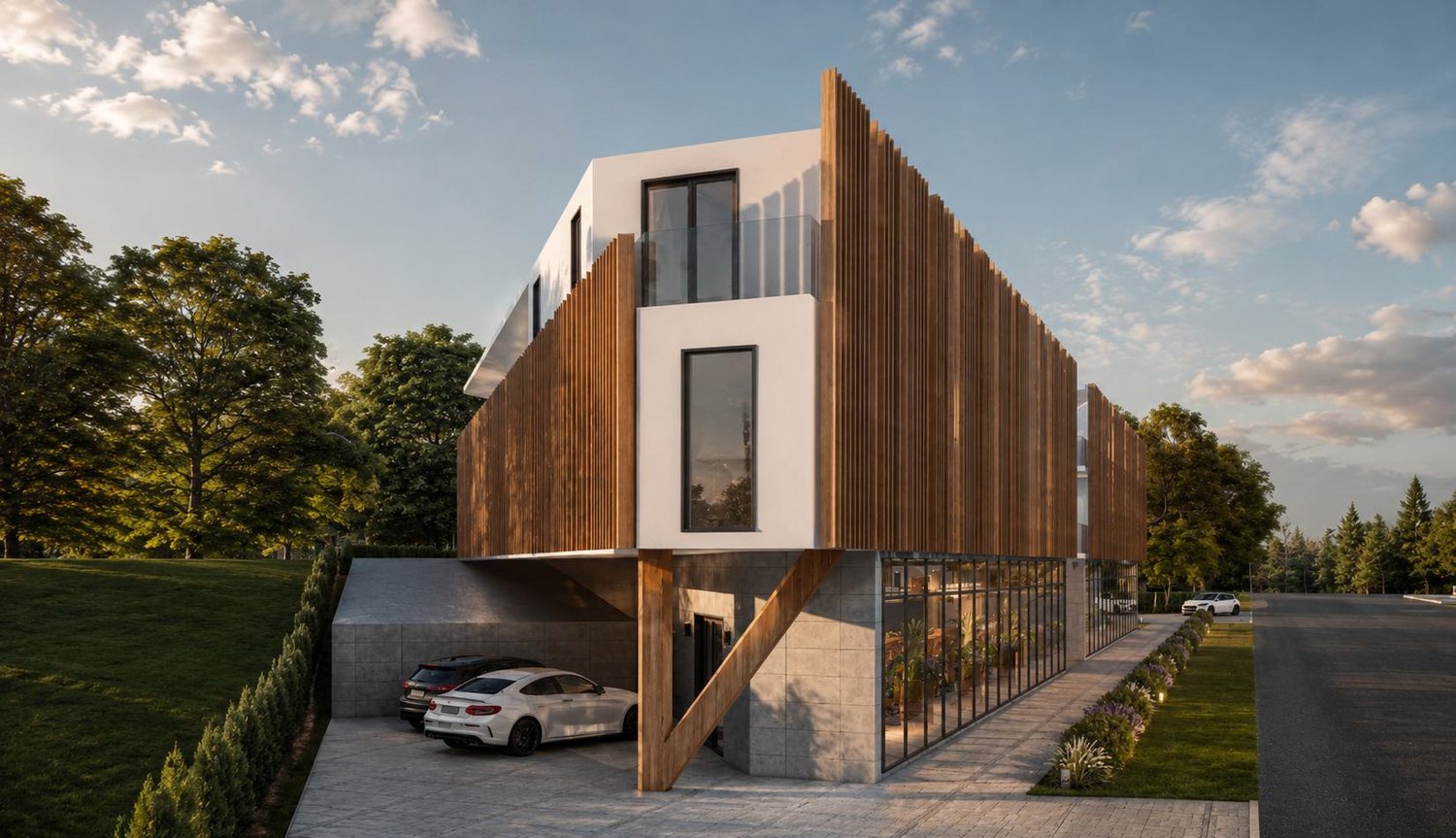 Visualisierung der Witzighausen Residenz aus der Seitenperspektive — Holzfassade, Tiefgaragenzufahrt und begrünte Umgebung.